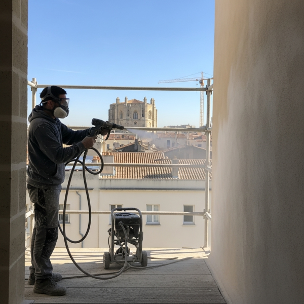 Application de peinture de façade au pistolet Airless à Nîmes pour vos travaux en 2025